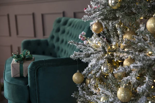 Fotoğraf stüdyosunda Noel süslemeleri. Yeşil lüks kanepe ve güzel Noel ağacı.