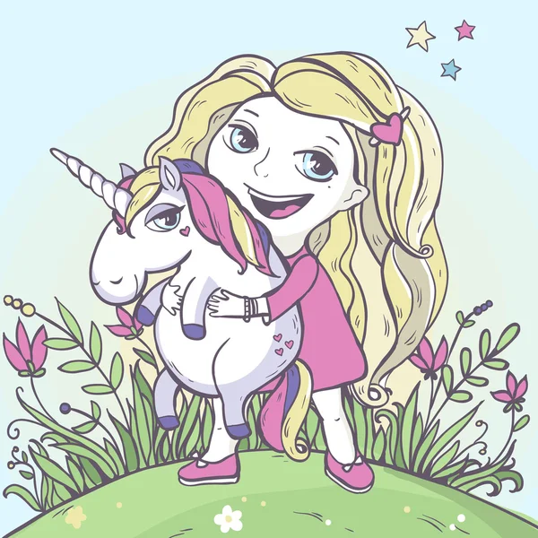 Ragazza e cartone animato magico unicorno . — Vettoriale Stock