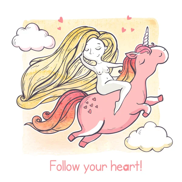 Chica y dibujos animados unicornio magia . — Archivo Imágenes Vectoriales