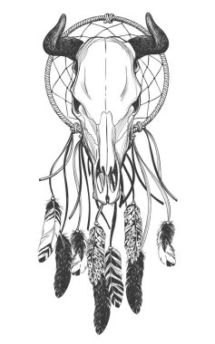 Boğa kafatası tüyler ve dreamcatcher.
