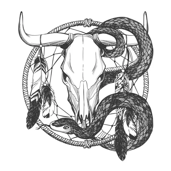 Череп быка с перьями, змея и ловца снов . — стоковый вектор