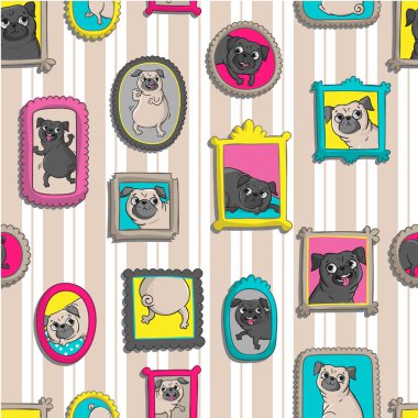 Pugs portreleri çerçevelerle. Seamless modeli.