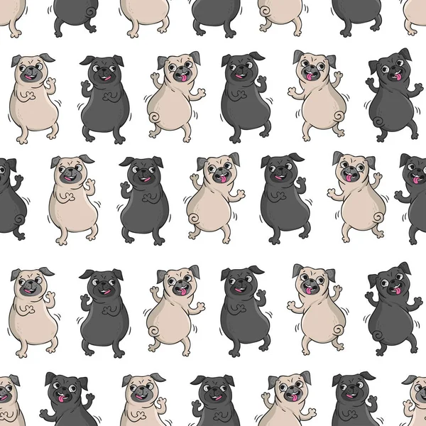 Dancing pugs. Seamless vector pattern. — Stock Vector