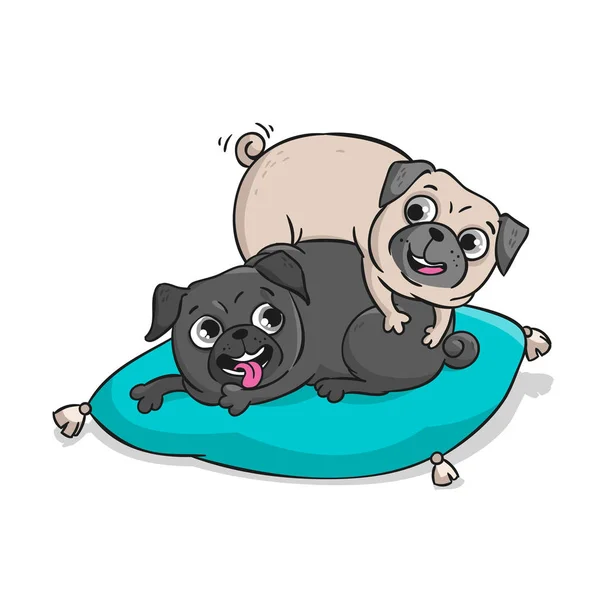 Pugs giros. Vetor mão desenhada desenho animado ilustração . —  Vetores de Stock