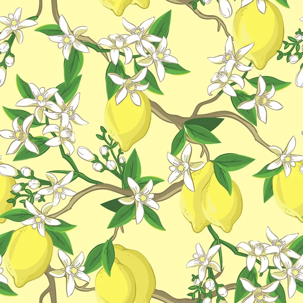 Floral pattern with lemons and white flowers. — Stock Vector