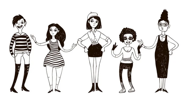 Conjunto de mulheres doodle em estilo retro . — Vetor de Stock