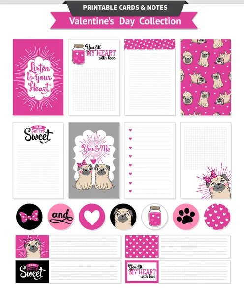 Valentines day printable set wih funny pugs. - Stok Vektor