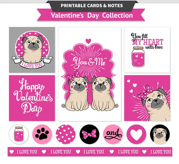 Día de San Valentín imprimible conjunto wih pugs divertidos . — Vector de stock