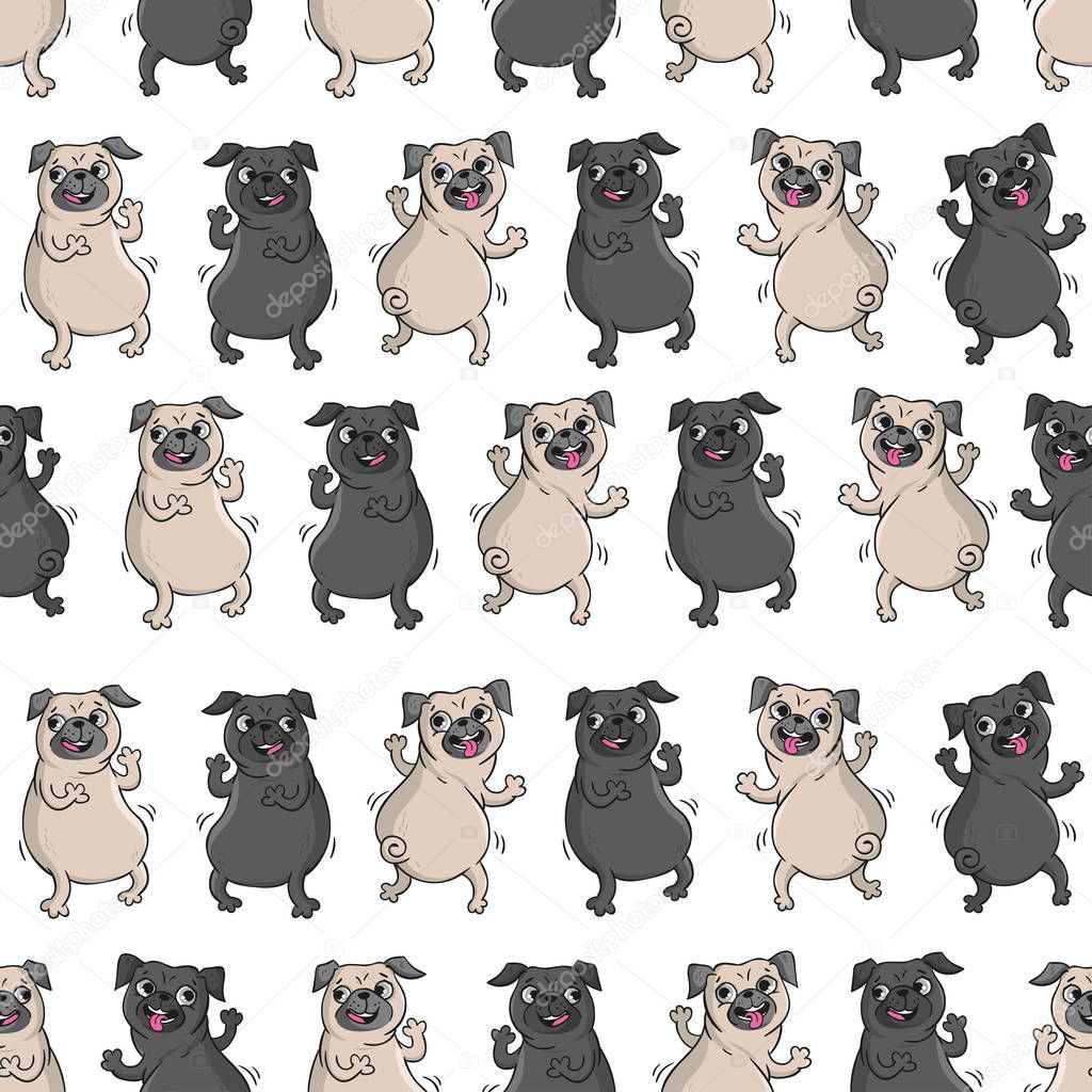 Dancing pugs. Seamless vector pattern.