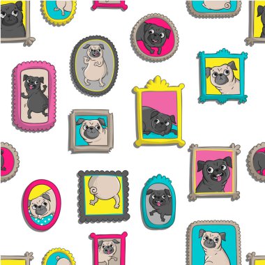 Pugs portreleri çerçevelerle.