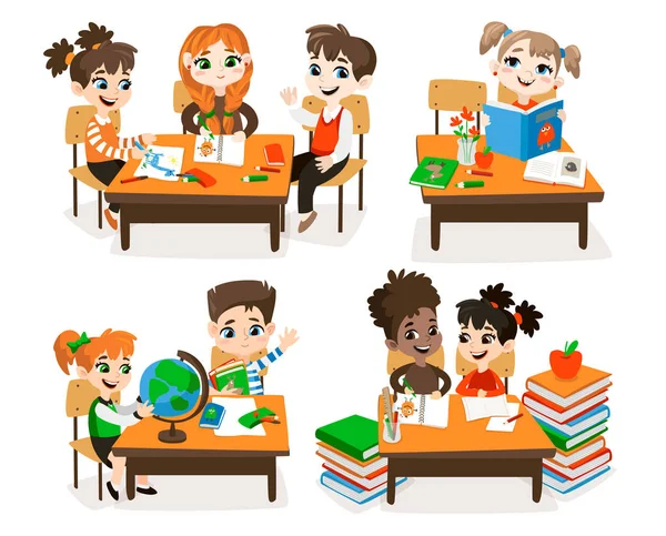 Back to school set with pupils. — Stock Vector