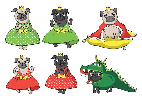 Cute fairytale pugs. — Stock Vector