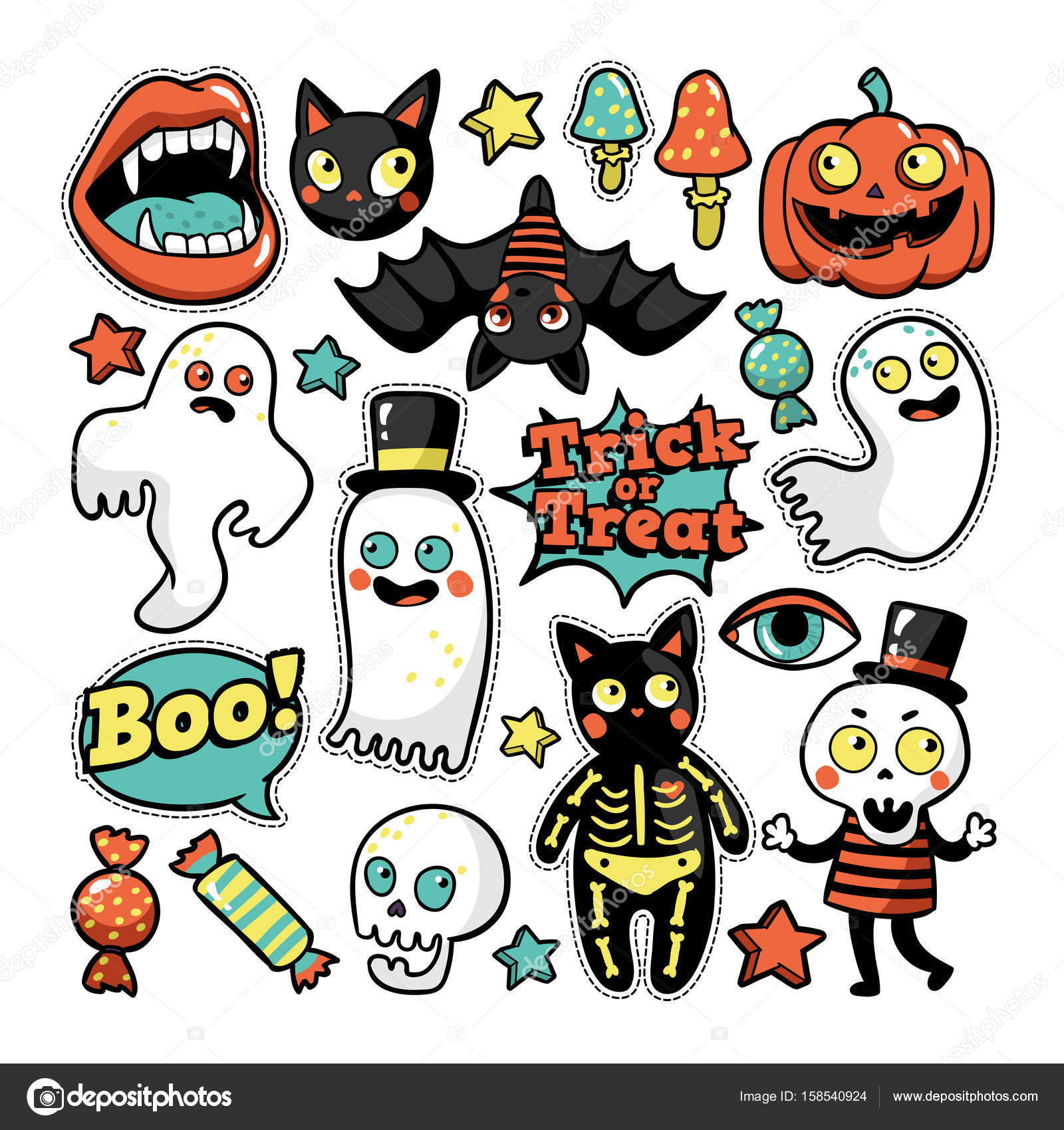 Elementos de desenho animado de halloween e letras boo