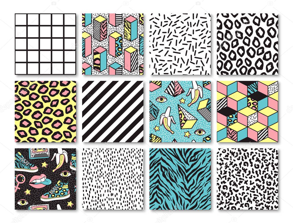 Set of seamless patterns in 80s-90s memphis style.