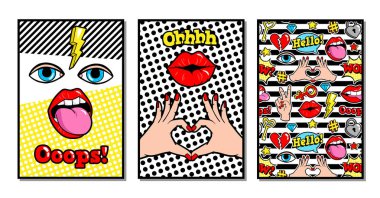 Vector cards and banners in 80s-90s comic style. clipart