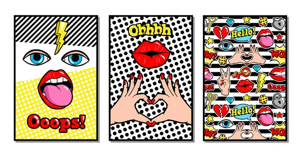 Vektorkarten und Banner im Comic-Stil der 80er-90er Jahre. — Stockvektor