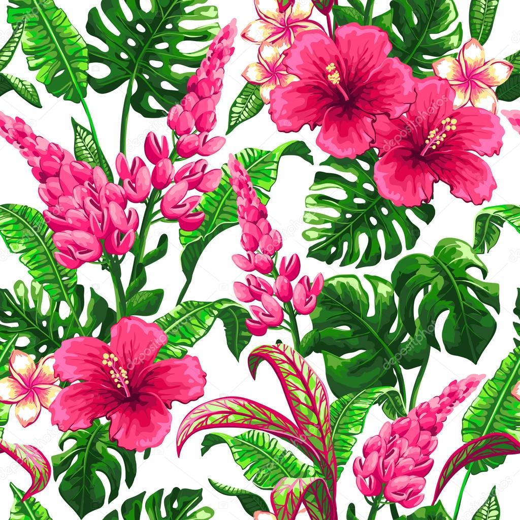 Tropical seamless pattern with palm leaves.