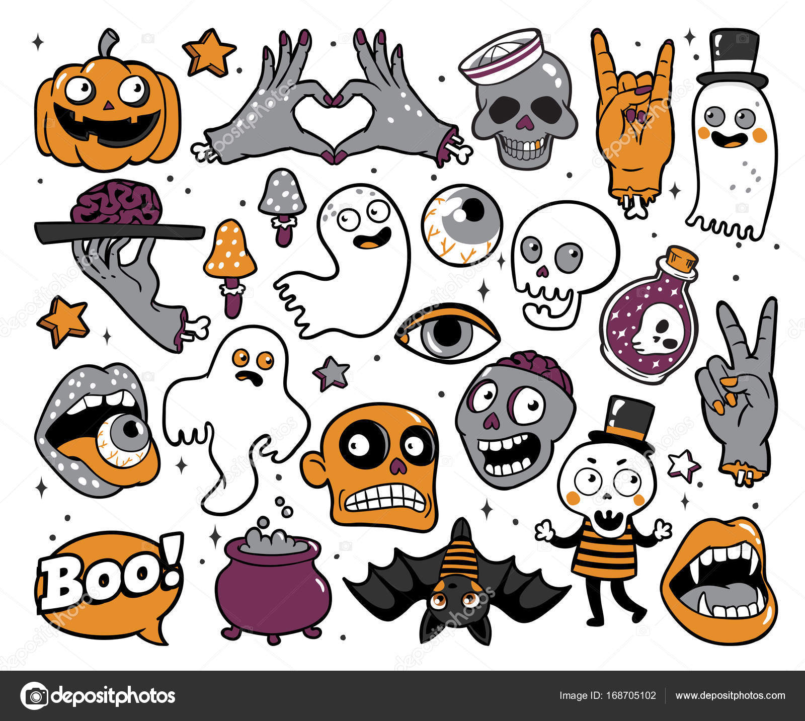 Elementos de desenho animado de halloween e letras boo