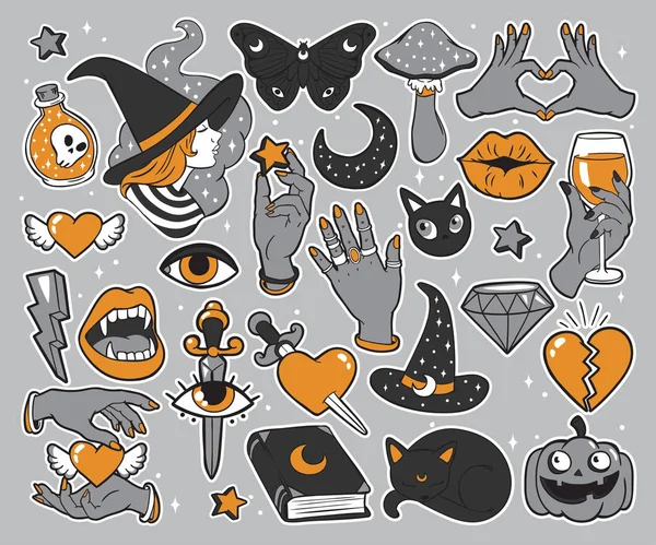 Halloween zestaw plastrów w stylu komiks kreskówka. — Wektor stockowy