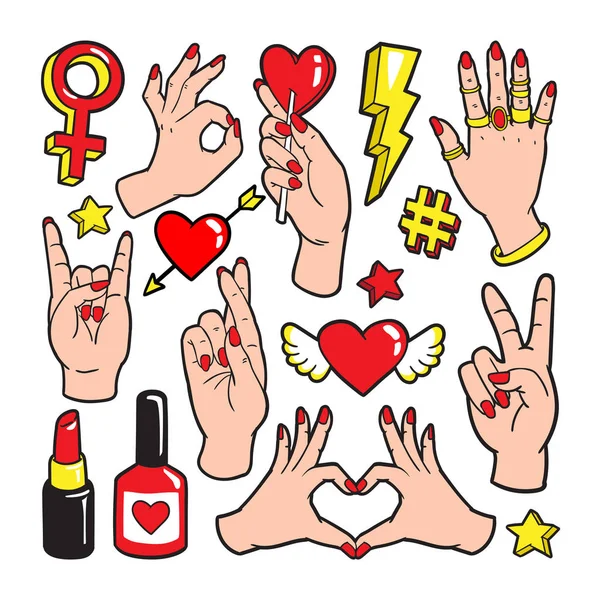 Fashion patch badges with gestures of hands. — Stock Vector