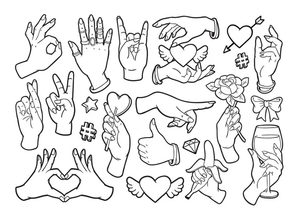 Distintivi patch moda con gesti di mani . — Vettoriale Stock