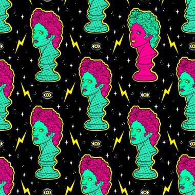 Trendy acid seamless pattern with ancient sculpture in psychedelic cosmic style. clipart
