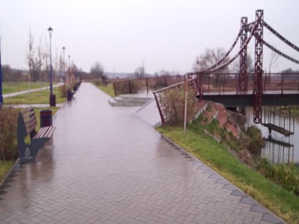 秋の雨の中のぬれた灰色の道で大きな鉄橋と川が — ストック動画