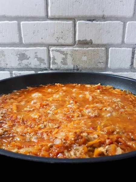 Close Delicious Sauce Cooked Frying Pan According Grandmothers Recipe — ストック写真