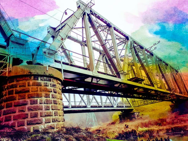 Ilustración Acuarela Puente Ferroviario Sobre Río Diseño Para Tarjetas Ahorradores —  Fotos de Stock