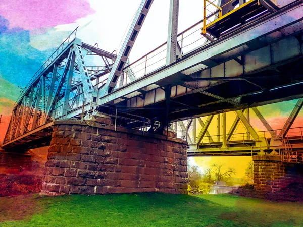 Watercolor Illustration Railway Bridge River Design Cards Savers Wallpapers Covers — Stock Photo, Image