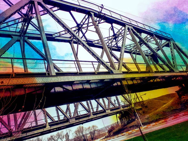 Ilustração Aquarela Ponte Ferroviária Sobre Rio Design Cartões Poupadores Papéis — Fotografia de Stock