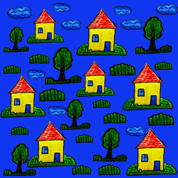 Ilustrace Domů Stromů Ruční Práce Akvarelech Design Pro Potisky Tapety — Stock fotografie