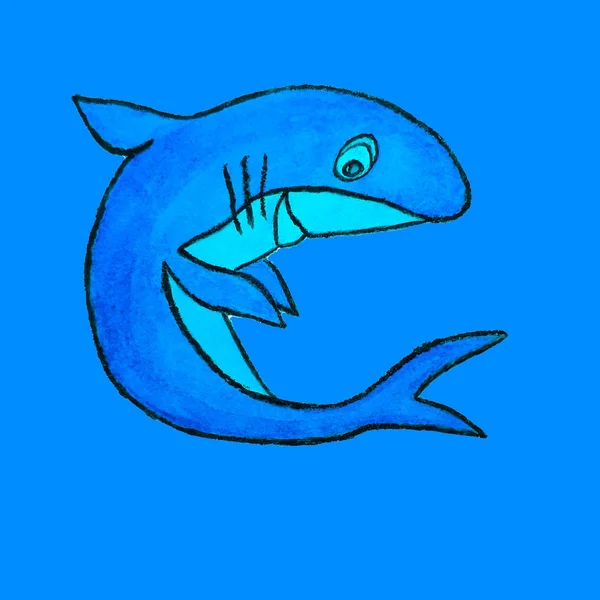无缝隙的图案 笑容满面的鲨鱼画上了水彩画 儿童服装 包装纸的设计 — 图库照片