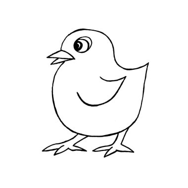  Vektör görüntüsü. İzole edilmiş beyaz bir arka planda küçük bir tavuk. Tebrik kartı, bebek kıyafetleri ve boyama için tasarım.
