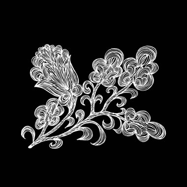 Vektör görüntüsü. İzole edilmiş siyah bir arkaplanda soyut bitkinin yakın çekimi. Kapak tasarımı, kıyafet baskısı.