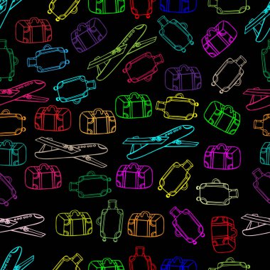 Çok renkli uçaklar ve bavullar şeklinde kusursuz parlak desenler. Duvar kâğıdı, kapak, baskı giysileri için tasarım.