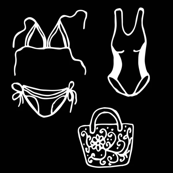 Női Fürdőruha Strandtáska Fekete Elszigetelt Háttérrel Burkolattervezés Ruhanyomat — Stock Fotó