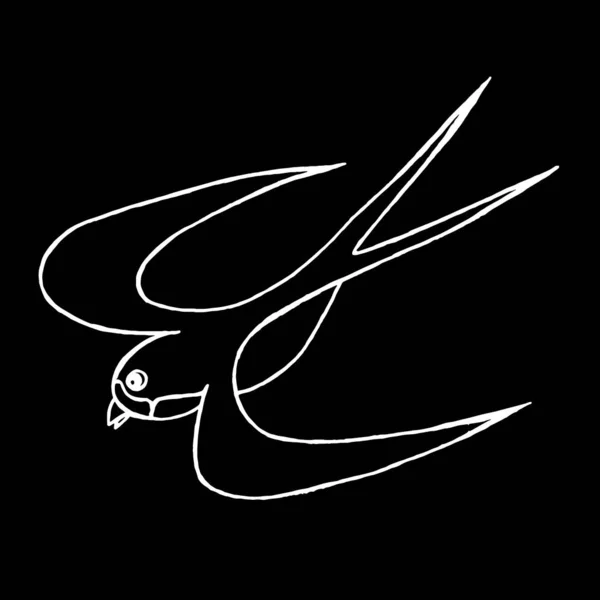 Close-up of a bird in flight on a black isolated background. Design for cards, covers, tattoos.