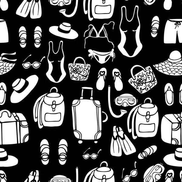 Pattern in the form of summer clothes, shoes and accessories. Cute elements. Design of covers, prints, wrapping paper.