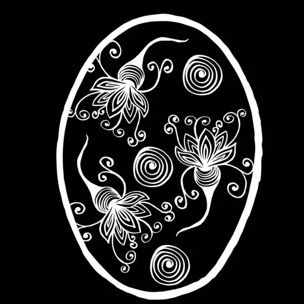 Easter egg drawing with floral pattern on an isolated black background. Greeting card design.