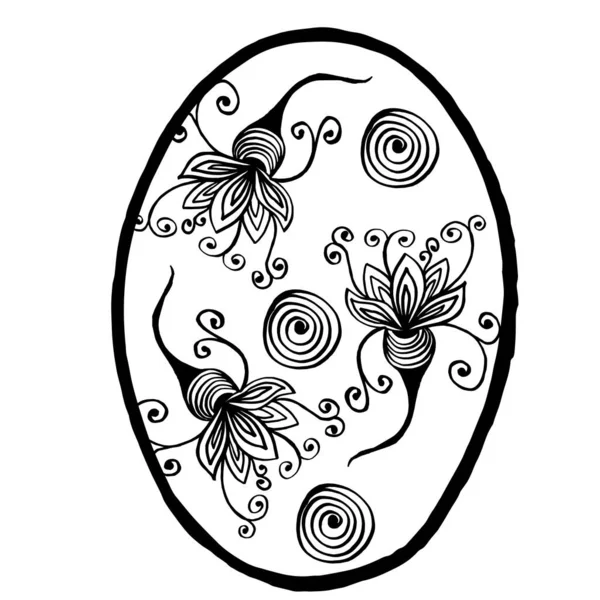 Easter egg drawing with floral pattern on an isolated white background.Greeting card design.