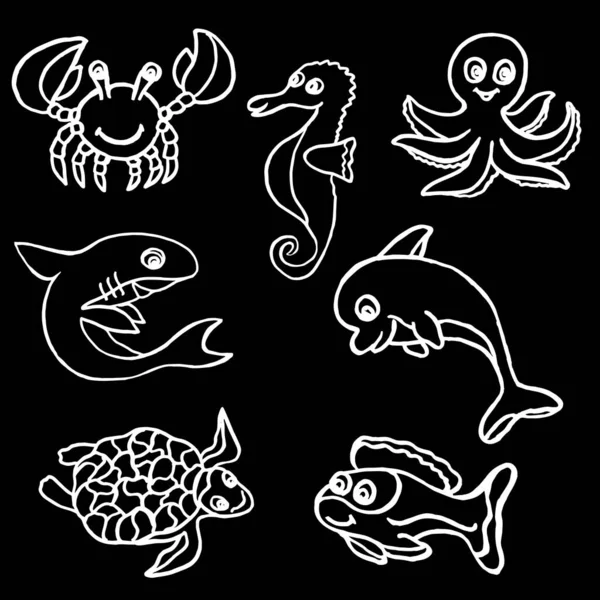 Large set of inhabitants of the underwater world on a black background. Cover design, clothing print.