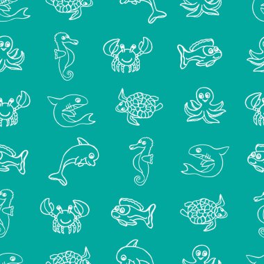 Su altı dünyasının sakinleri şeklinde parlak, pürüzsüz bir desen. Kapak tasarımı, kıyafet baskısı.