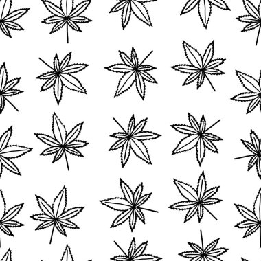 Beyaz izole bir arka planda kenevir yaprakları şeklinde pürüzsüz bir desen. Kapak tasarımı, kıyafet baskısı.