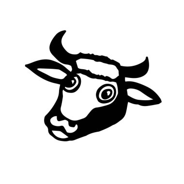 El çizimi, izole edilmiş beyaz arka planda bir ineğin soyut kafası..