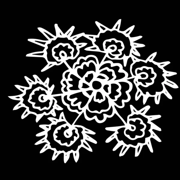 Close-up hand-drawn plant, abstract flower on isolated black background.Design for covers, tattoo, wallpaper.