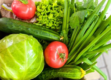 Yiyecek, taze sebze ve otlarla dolu büyük bir kutu..