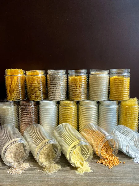 Una Gran Colección Diversos Granos Saludables Pasta Frascos Recipientes Vidrio — Foto de Stock