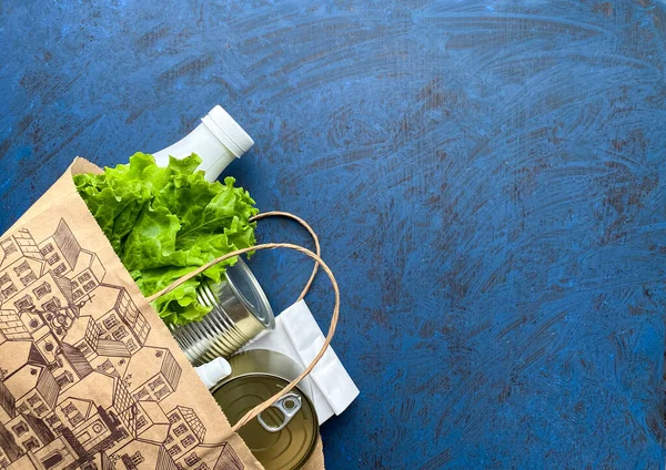 Paper Bag Food Antiseptic Medical Mask Blue Background Food Delivery Stock Image