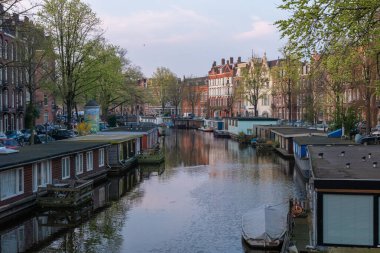Deniz kenarında evleri ve kıyılarda park etmiş arabaları olan Amsterdam kanalı manzaralı..